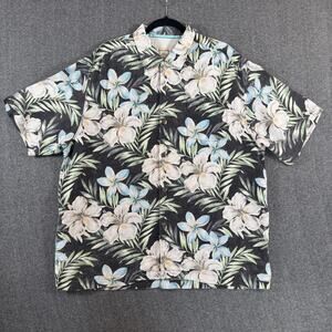 Tommy Bahama Shirt Mens XL Black Linen Hawaiian Aloha Floral Original Fit Camp